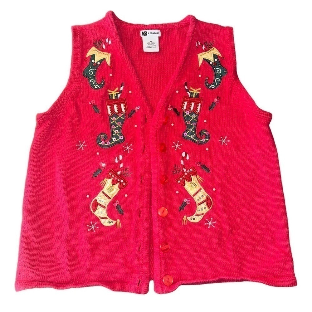 Ugly Christmas Sweater VINTAGE Vest Stockings Sequins Embroidered Beaded